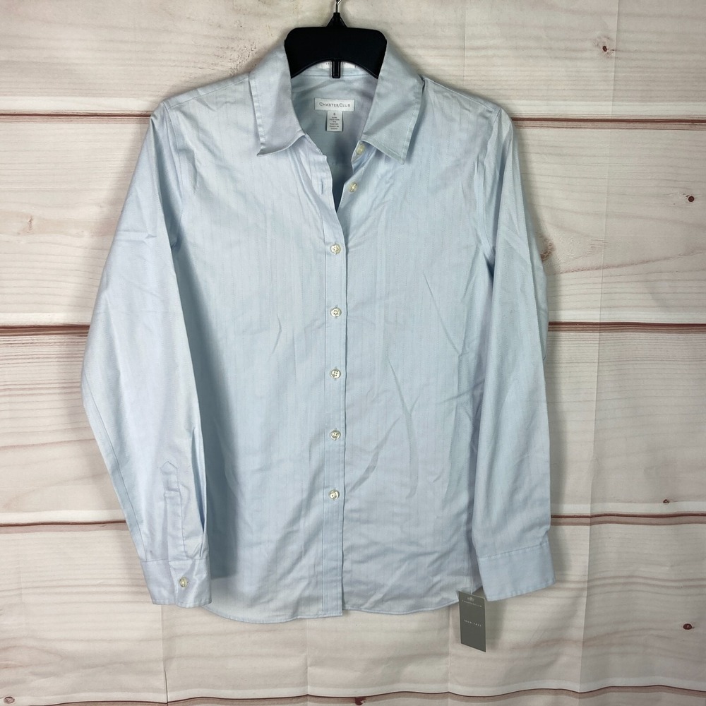 Charter Club Top Womens 6 Blue Button Up Shirt Collar Non-Iron Solid Long Sleeve